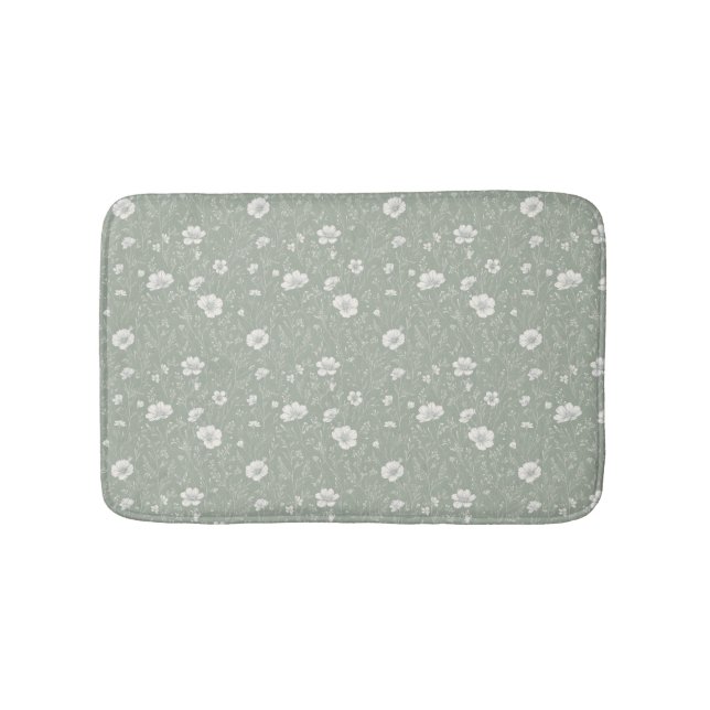 Tapis De Bain Muted Sage Green And White Wildflower Pattern (Devant)