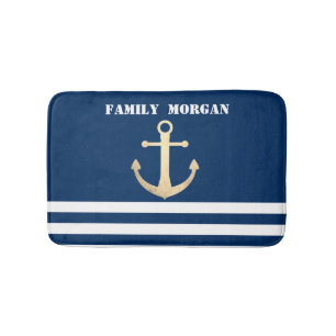 Tapis De Bain Nautical, Gold Anchor Navy Blue Striped