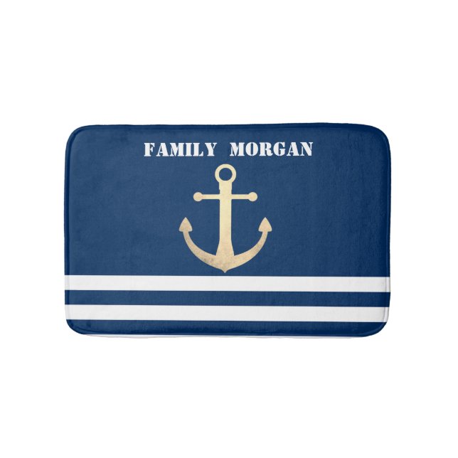 Tapis De Bain Nautique, Ancre Dorée  Rayé Bleu Marine (Devant)