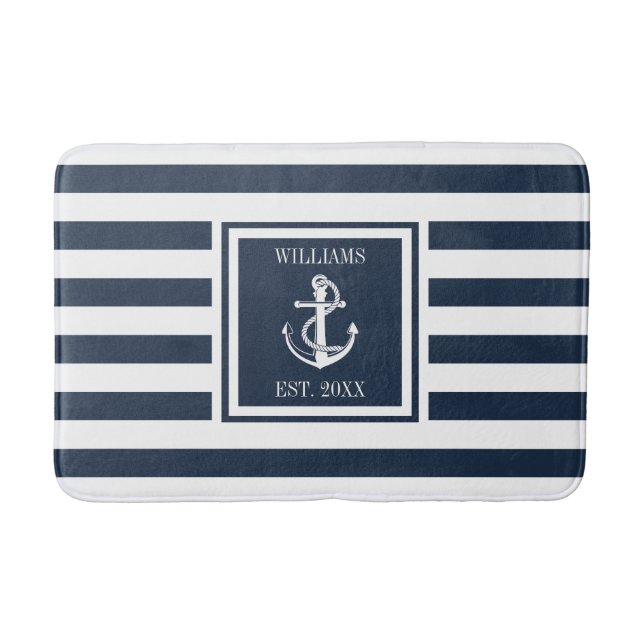 Tapis De Bain Navy Blue Stripe Nom de famille Ancre nautique (Devant)