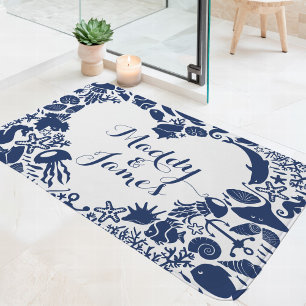 Tapis De Bain Navy & White Créatures Marines Couple Monogramme e