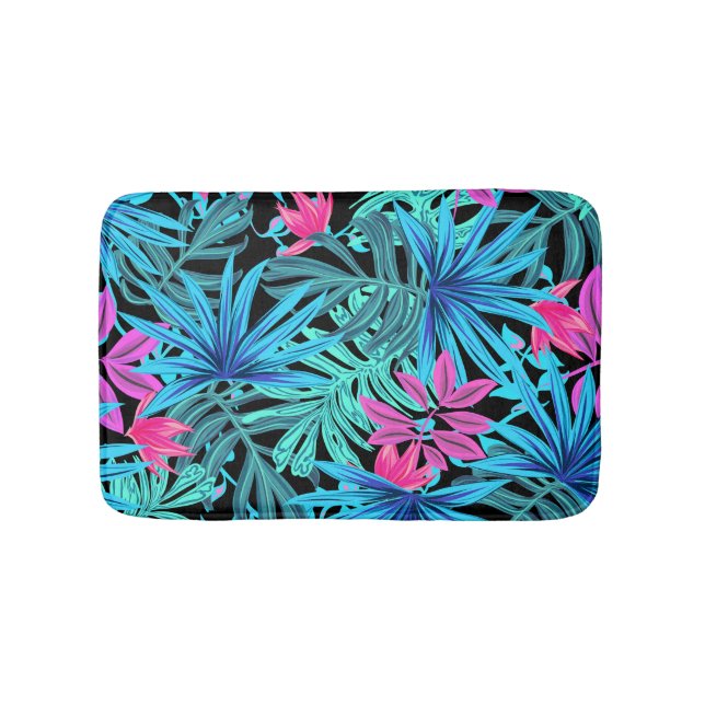 Tapis De Bain Neon rose et bleu Tropical Plante Motif Mat (Devant)