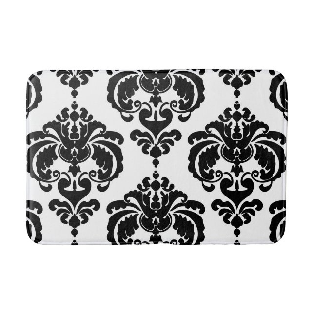 Tapis De Bain Noir & Blanc Damask Chic Moderne Motif élégant (Devant)