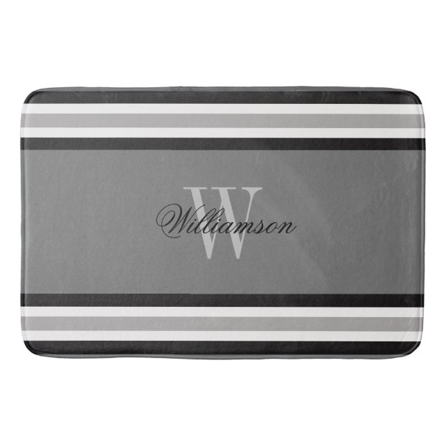 Tapis De Bain Noir blanc et gris rayé Monogramme (Devant)