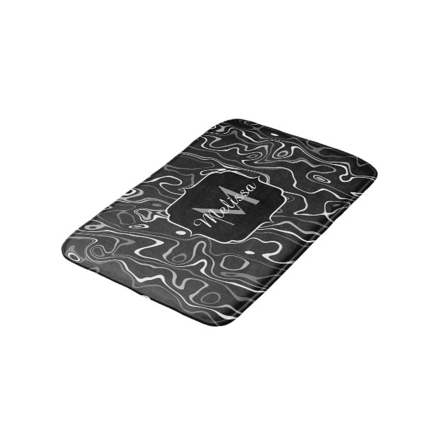 Tapis De Bain Noir blanc gris damas tourbillons abstraits Monogr (Angle)