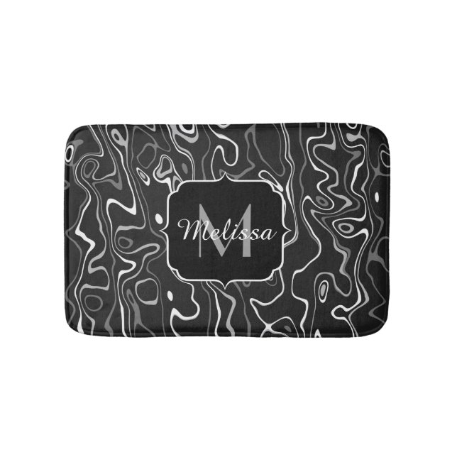Tapis De Bain Noir blanc gris damas tourbillons abstraits Monogr (Devant)