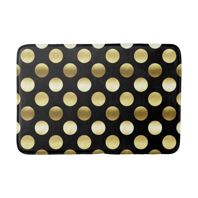 Tapis De Bain Noir chic de pois de feuille d'or (Devant)