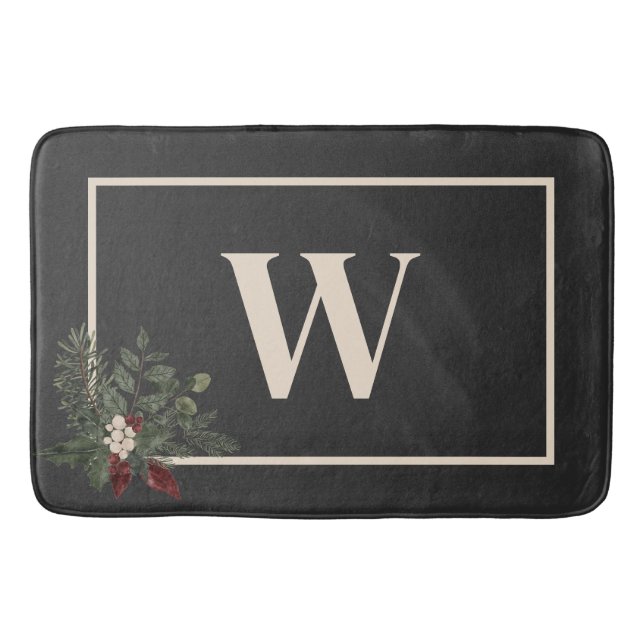Tapis De Bain Noir de Noël rustique et crème Monogram Pine (Devant)