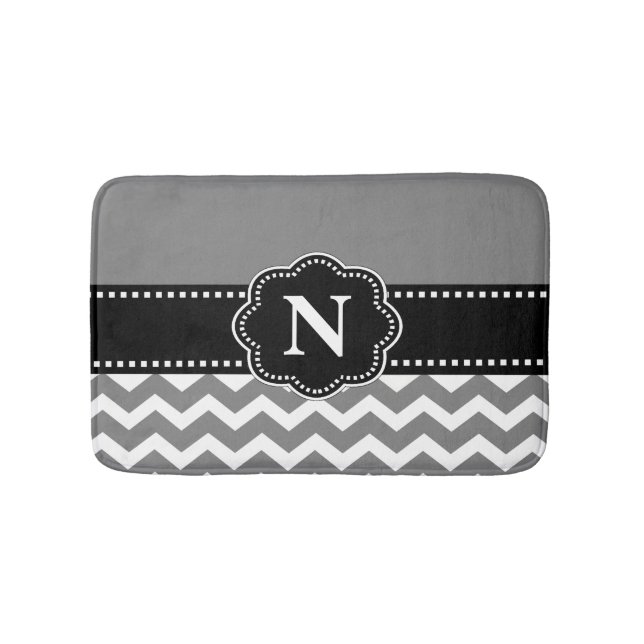 Tapis de bain noir gris de monogramme de Chevron (Devant)