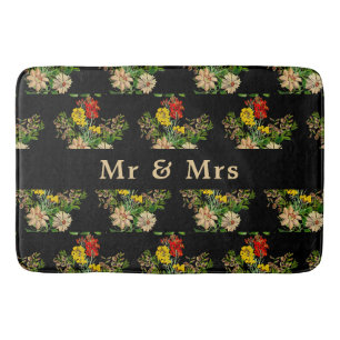 Tapis de bain noir personnalisé à motif floral vin