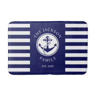 Tapis De Bain Nom de famille Ancre nautique Motif Blue Stripes