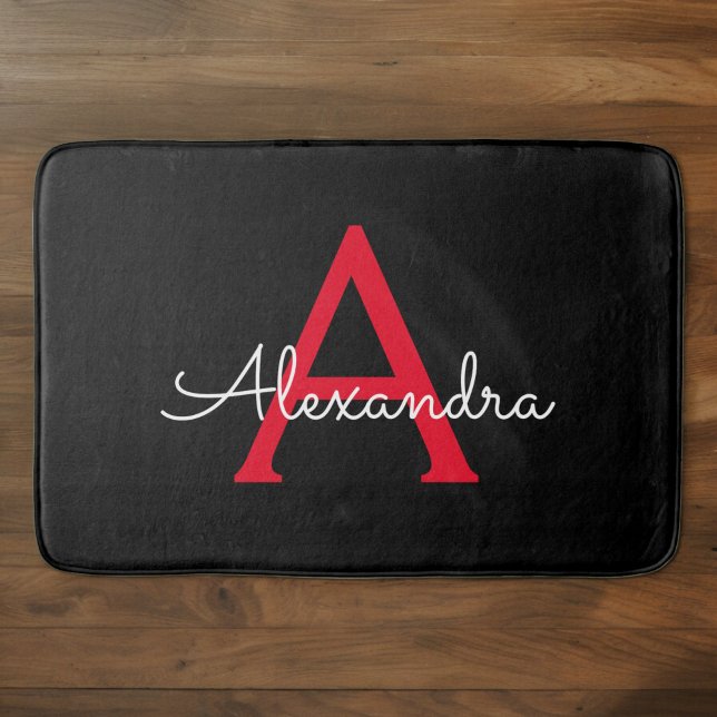 Tapis De Bain Nom de monogramme girly de script noir rouge (Créateur téléchargé)