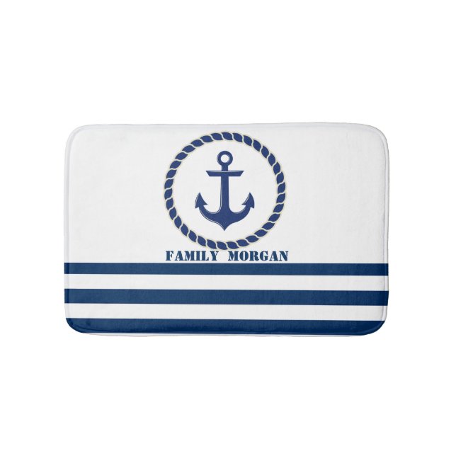 Tapis De Bain Nom du bateau nautique, Ancre Marine Bleu rayé (Devant)