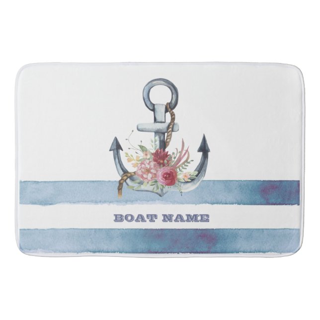 Tapis De Bain Nom du bateau nautique, Fleurs d'Ancres rayures (Devant)