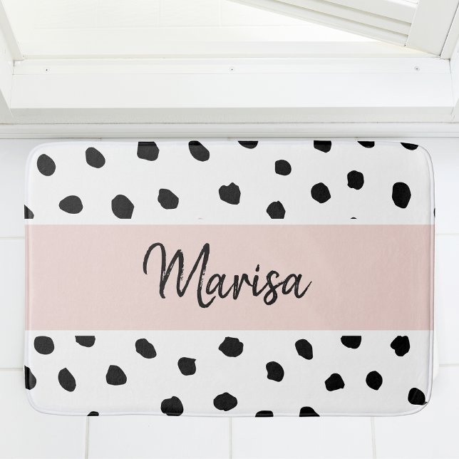 Tapis De Bain Nom du monogramme moderne | Points rose et noir Pa (Créateur téléchargé)