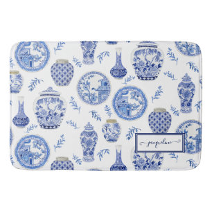Tapis De Bain Nom Floral Blue n White Ginger Jar Flower Vintage