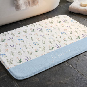 Tapis De Bain Nom Monogramme Fleur Sauvage Bleu Lavande Bohème