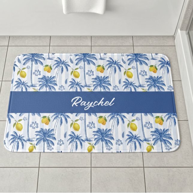 Tapis De Bain Nom Monogramme Palmiers Citrons Toile Bleue (Créateur téléchargé)