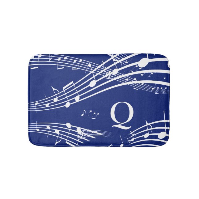 Tapis De Bain Notes de musique bleu moderne Monogramme (Devant)