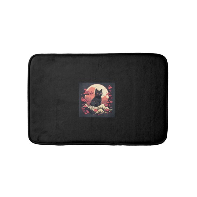 Tapis De Bain Nuit mystique Sakura_ Chat noir avec Pleine lune (Devant)