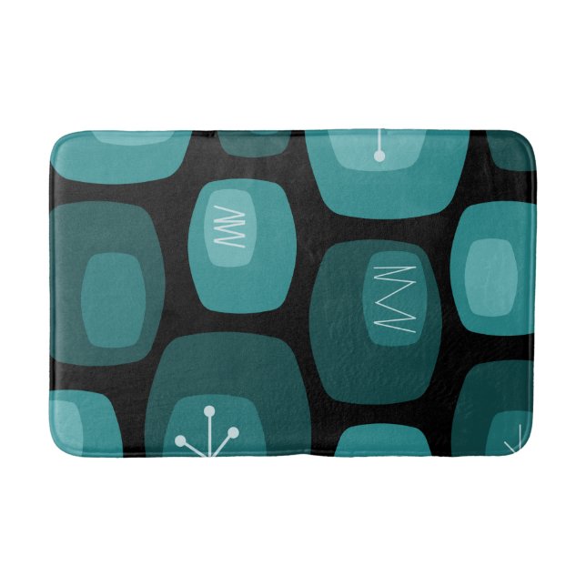 Tapis De Bain Oblongs modernes du milieu du siècle Noir Turquois (Devant)
