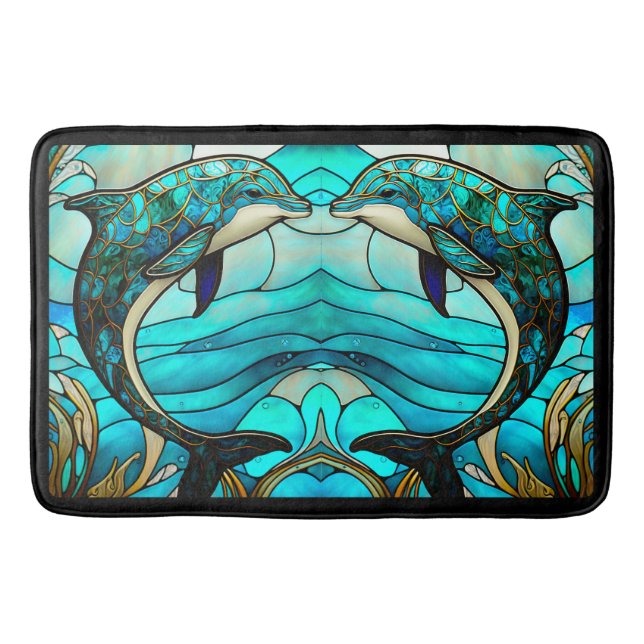 Tapis De Bain Ocean Beach House Blue Dolphin Faux Verre Tiré (Devant)