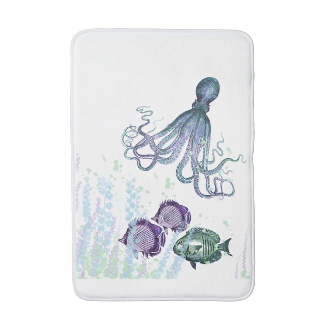 Tapis De Bain Océan Octopus Indigo Blue Mauve Green Sous-marin (Devant (Vertical))