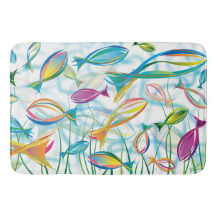 Tapis De Bain Océan Poisson Natation Bleu Illustration moderne