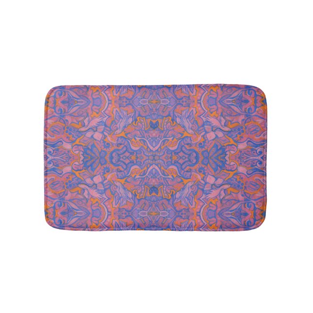 Tapis De Bain Oiseaux Arabesque Oriental Bohème Bohème Bleu Oran (Devant)
