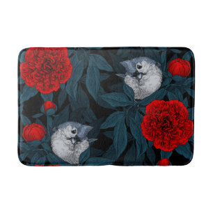 Tapis De Bain Oiseaux et fleurs de pivoines rouges avec feuilles
