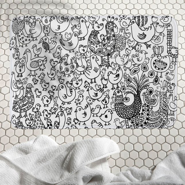 Tapis De Bain Oiseaux Main noire et blanche dessinée Art contemp (Créateur téléchargé)