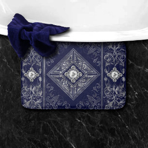 Tapis De Bain Opulence bleue et argent   Ornate Bijoux baroque