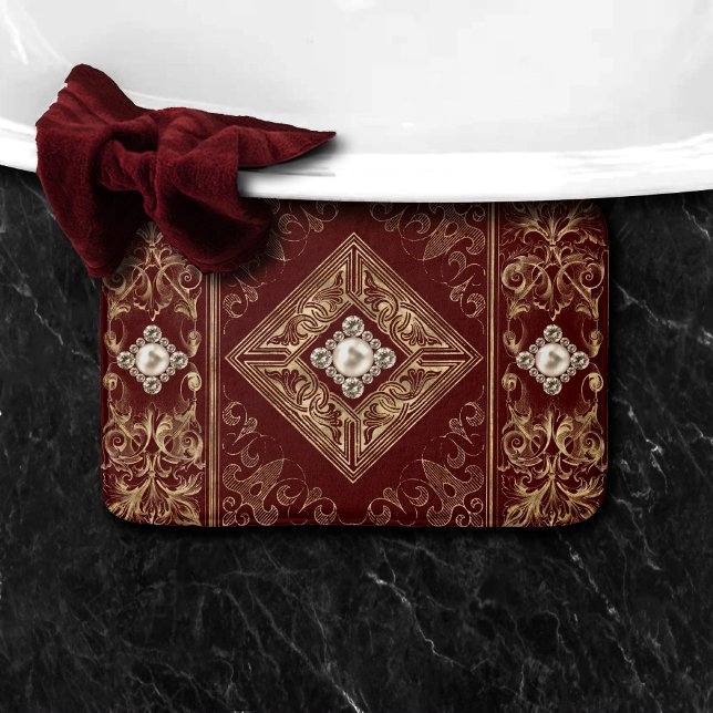 Tapis De Bain Opulence ornée | Flouris rouge et or bijoux (Créateur téléchargé)