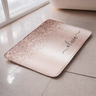 Tapis De Bain Or Rose Gold - Monogramme Nom Paillettes Rose Blus