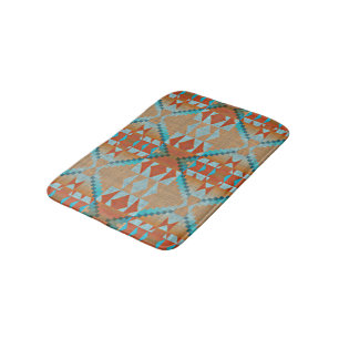 Tapis De Bain Orange Brown Aqua Turquoise Blue Tribal Art