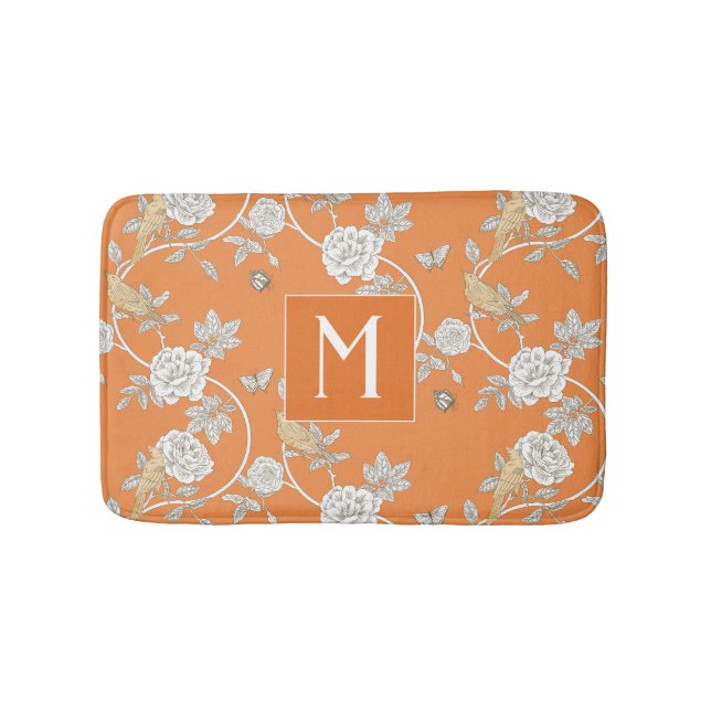 Tapis De Bain Orange Chinoiserie Floral Monogramme (Devant)