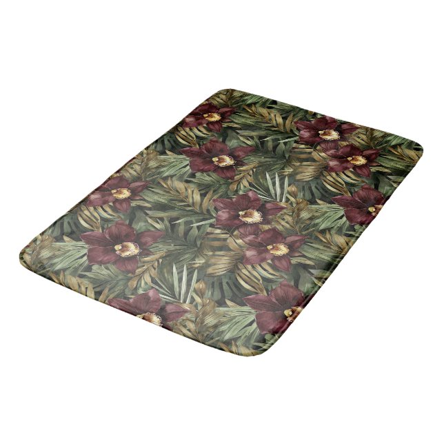 Tapis De Bain Orchidée tropicale florale rouge Bourgogne (Angle)