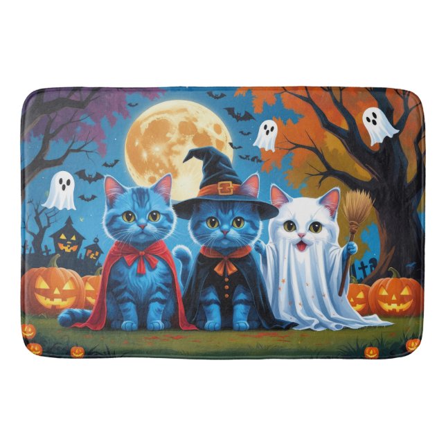 Tapis De Bain Oriental Blue Cats Citrouille Halloween Drôle (Devant)