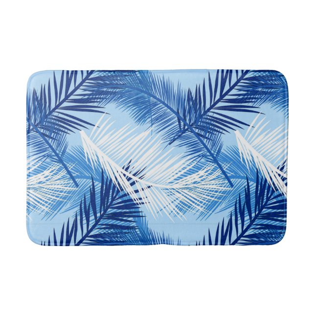 Tapis De Bain Palm Leaf Print, Cobalt, blanc et bleu ciel (Devant)