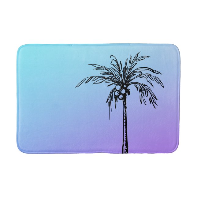 Tapis De Bain Palmier Tropical Noir Bleu pourpre (Devant)