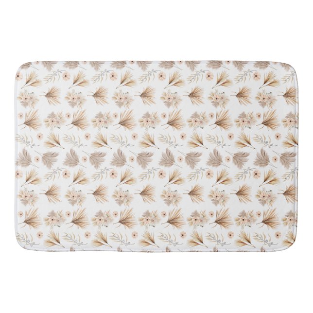Tapis De Bain Palmiers séchés et fleurs Boho Beige Aquarelle (Devant)