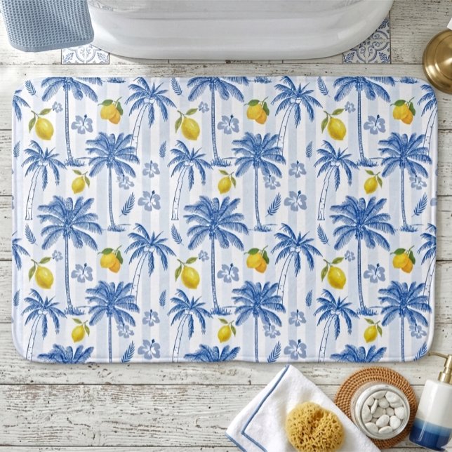 Tapis De Bain Palmiers Toile Bleue Citrons  (Créateur téléchargé)