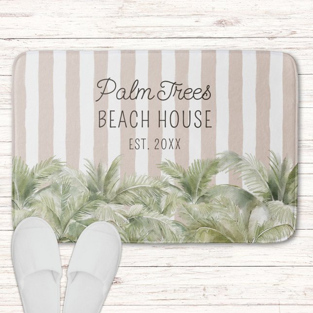 Tapis De Bain Palmiers tropicaux Beige Stripes Maison de plage (In situ)