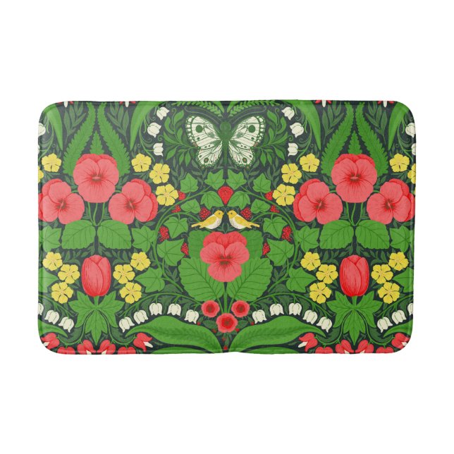 Tapis De Bain Pansies rouges, oiseaux et papillons (Devant)