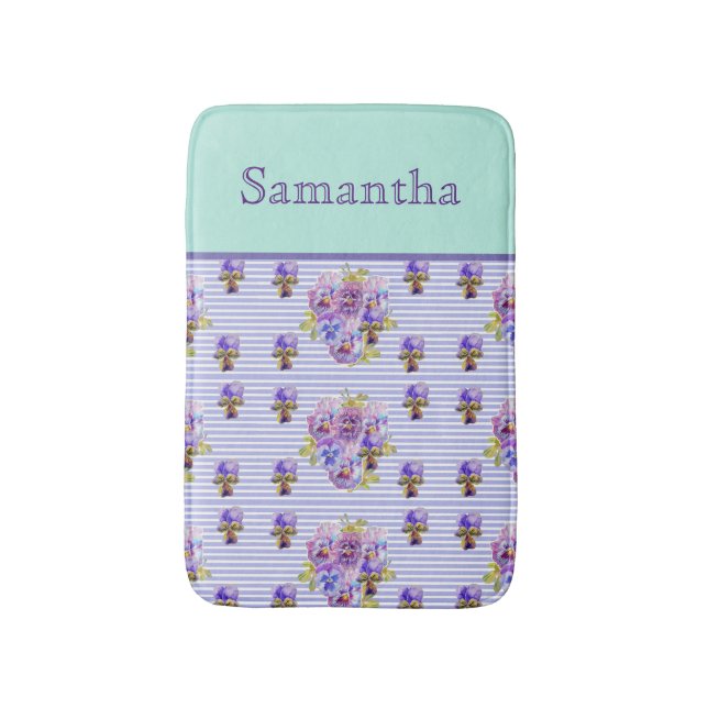 Tapis De Bain Pansy Flower Aqua Stripe art floral Girls Nom (Devant (Vertical))