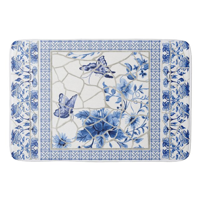 Tapis De Bain Papillon Chinoiserie Chic Flore Feuil Bleu Blanc B (Devant)