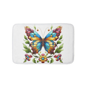 Tapis De Bain Papillon en vitrail coloré avec fleurs