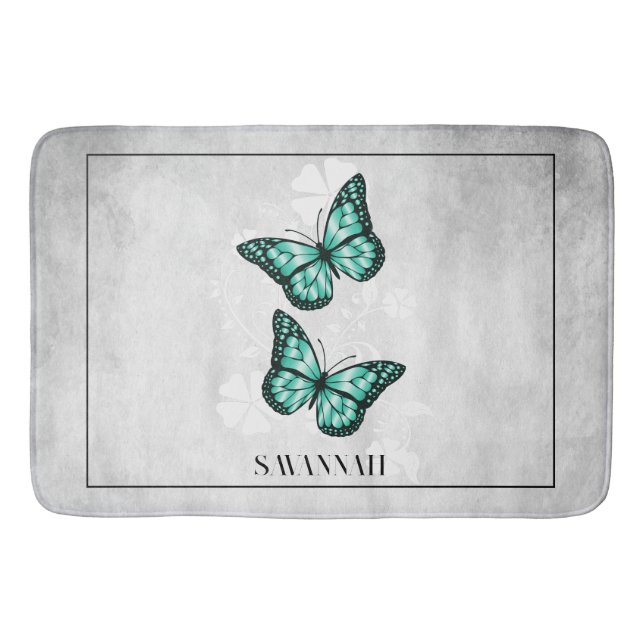 Tapis De Bain Papillon turquoise Floral Mat de bain personnalisé (Devant)