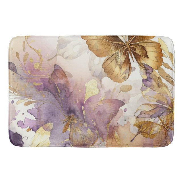 Tapis De Bain Papillons d'aquarelle à papillon pourpre et or (Devant)