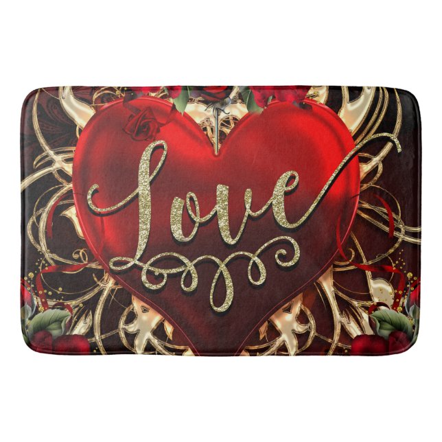 Tapis De Bain Parties scintillant d'or Amour Coeur et Roses roug (Devant)